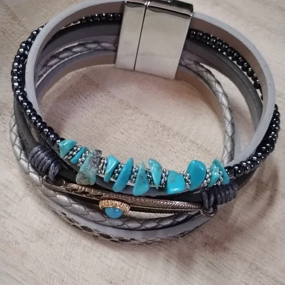 Turquoise Like and Silver Multi-Layer Bracelet - Picture 2 of 6